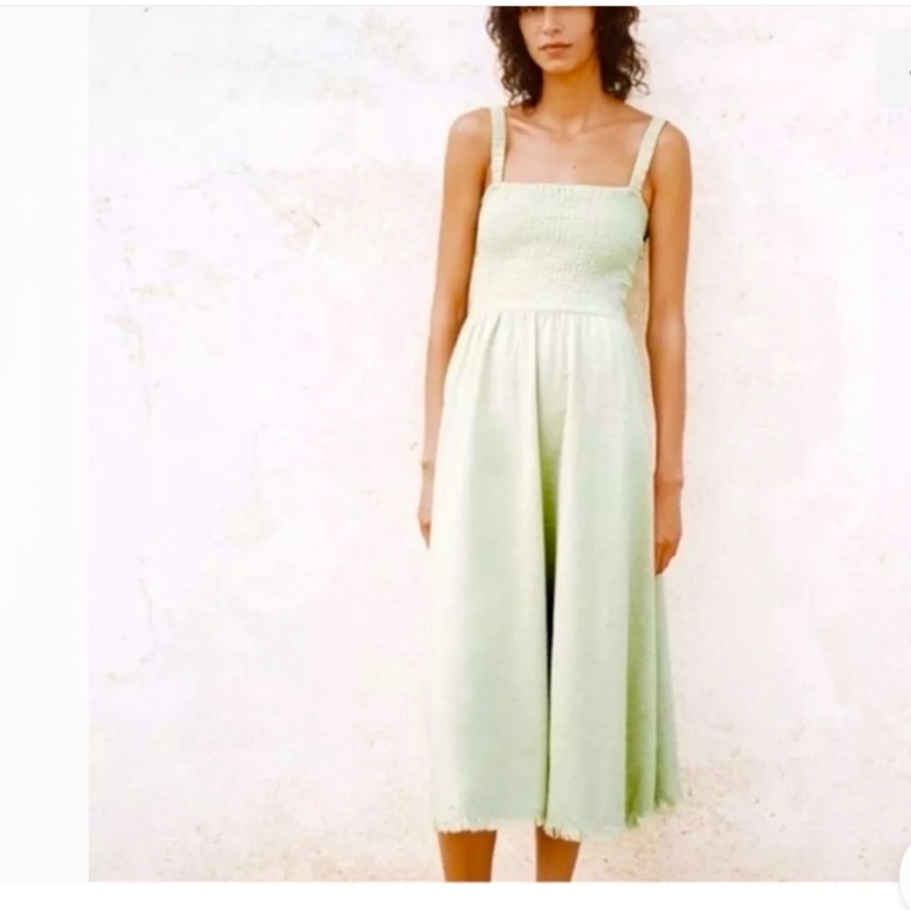 Zara Yala Cotton Smocked Maxi Dress in Light Green, size medium